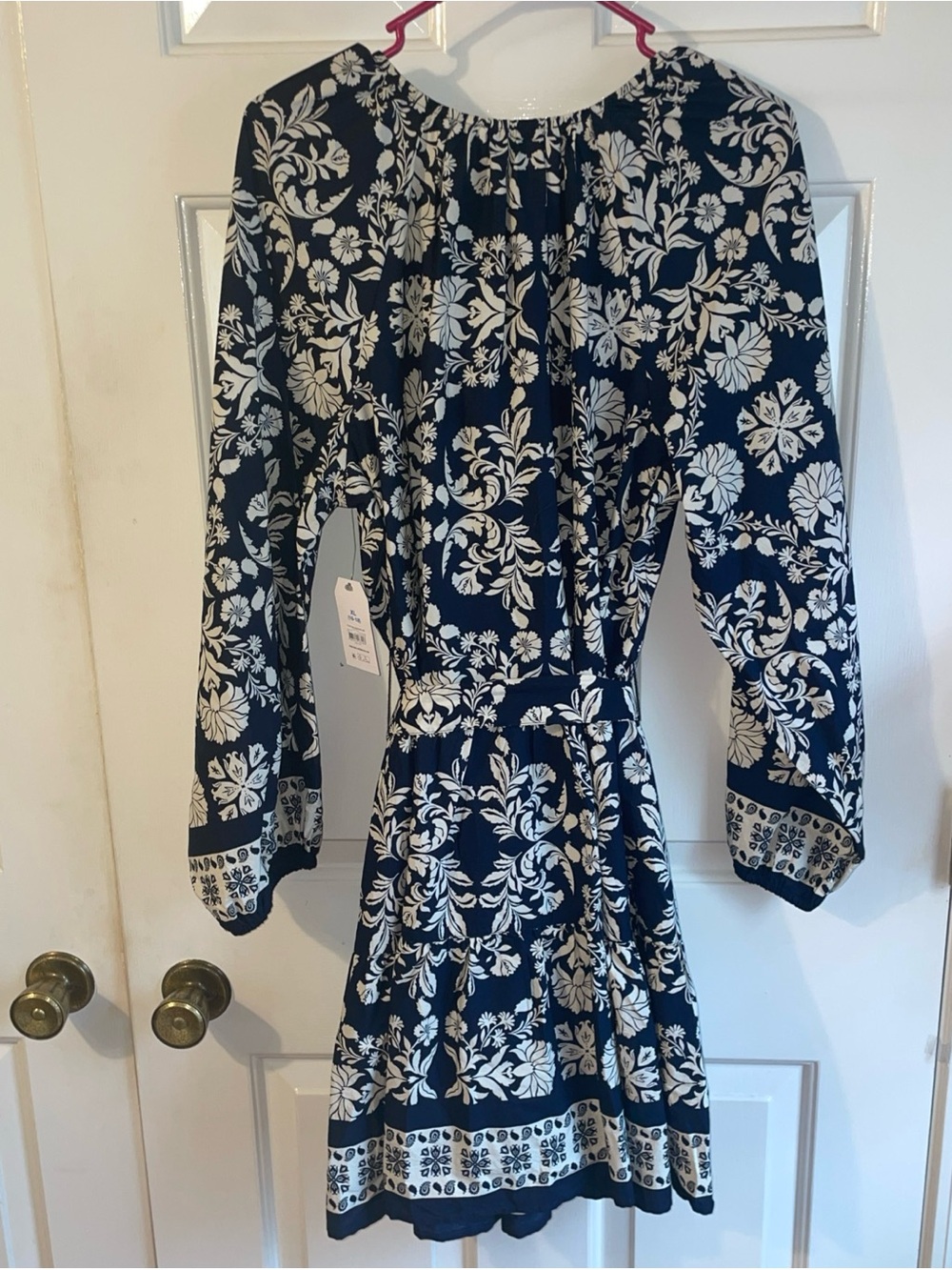 Time and Tru Navy and Ivory Floral Long Sleeve Fit-and-Flare Dress
